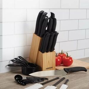 Farberware Black and Silver Knife Set with Wooden Block